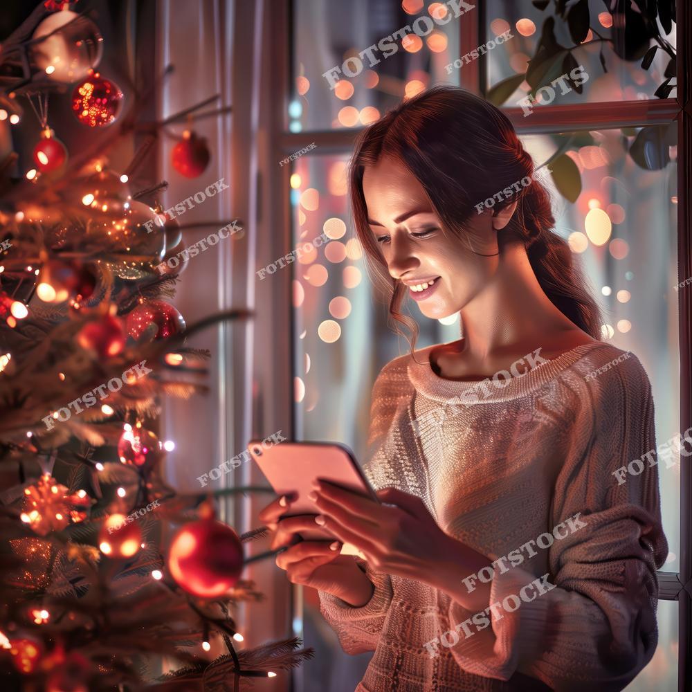 На фотографии изображена молодая женщина, смотрящая на телефон, стоя рядом с украшенной рождественской елкой. Яркие огни гирлянд и праздничные декорации создают теплую и волшебную атмосферу зимнего вечера. Снимок передает настроение радости и уюта в канун праздника.